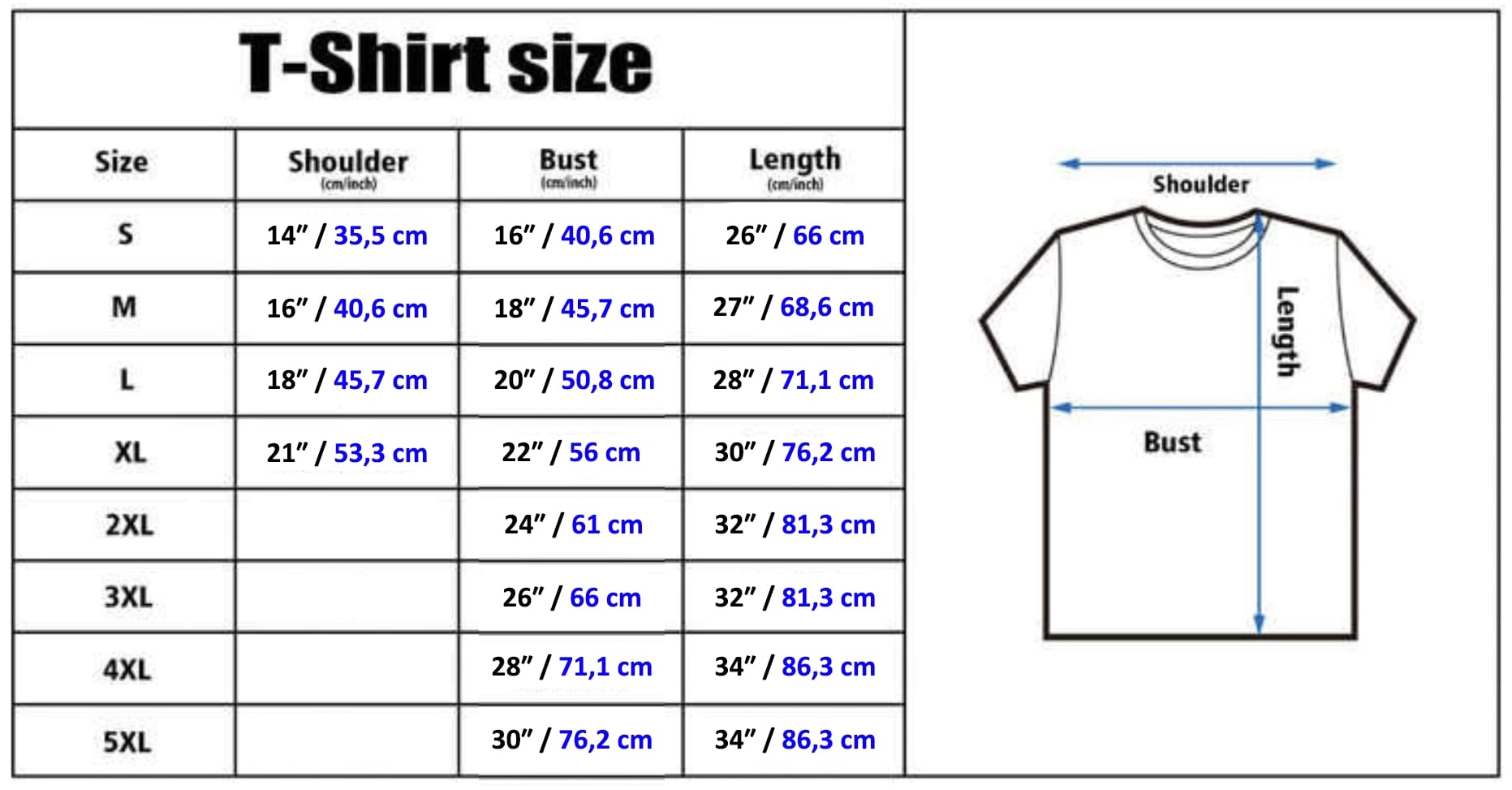 T-shirts measurements table